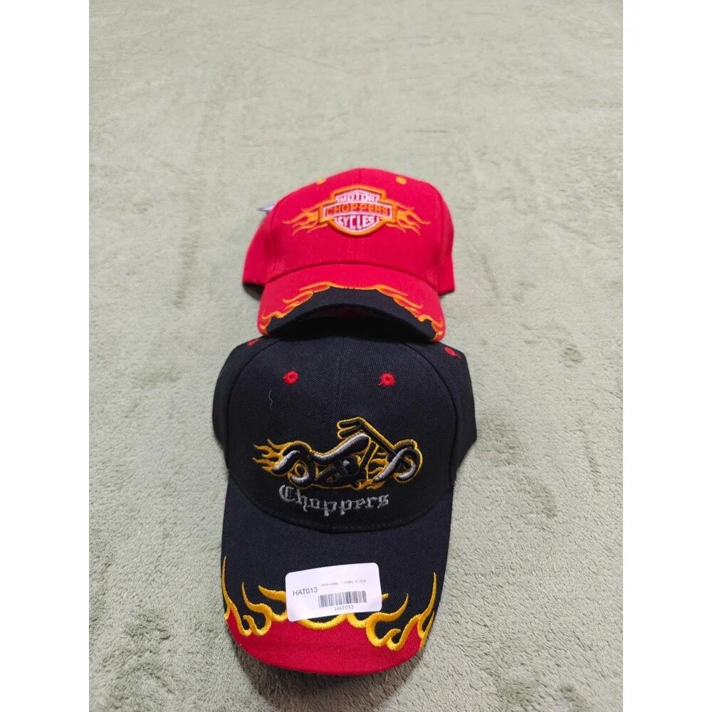Lot of 2 Choppers Mens Baseball Cap Hat Flame Biker Embroidered NWT Black Red